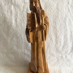 Vintage Hand Carved Wooden Statue of Moses Holding the Ten Commandments