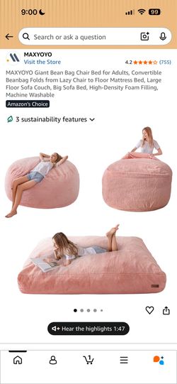 NEW IN BOX MAXYOYO Giant Bean Bag Chair Bed for Adults, Convertible Beanbag Folds from Lazy Chair to Floor Mattress Bed, Large Floor Sofa Couch, Big S