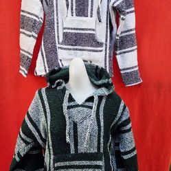 Vintage Lot Of  Two Mexican Green/ White Knit Poncho Hoodie Pullover Rug Size Medium

