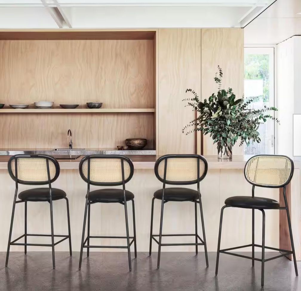 24 in. Black Rattan Counter Height Bar Stools with Faux Leather Seat