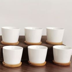 6/12pcs White Pots Ceramic Succulent Planter with Bamboo Saucer Small Mini Simple Round Flower Pot
