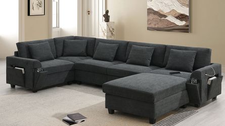 128*67 U Shaped Sectional Sofa,6 Seat Chenille Couch Set with Oversized Ottoman,Hidden Armrest Storage and Cup Holders,USB Charging Ports,Wide Seat So