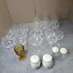 Glassware For Wine + Vintage Salt and Pepper Shakers and Amber Goblet.