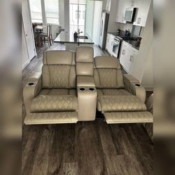 Power recliner Sofa band Loveseat with LED USB Wireless chargers Cream color leather