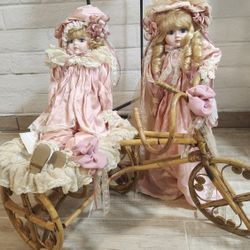 *RARE* Victorian Rose Collection Signature Series Boy & Girl Porcelain Dolls W/ Rattan Tricycle