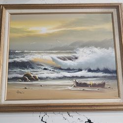 Seascape with Wrecked Boat - Original Oil Painting