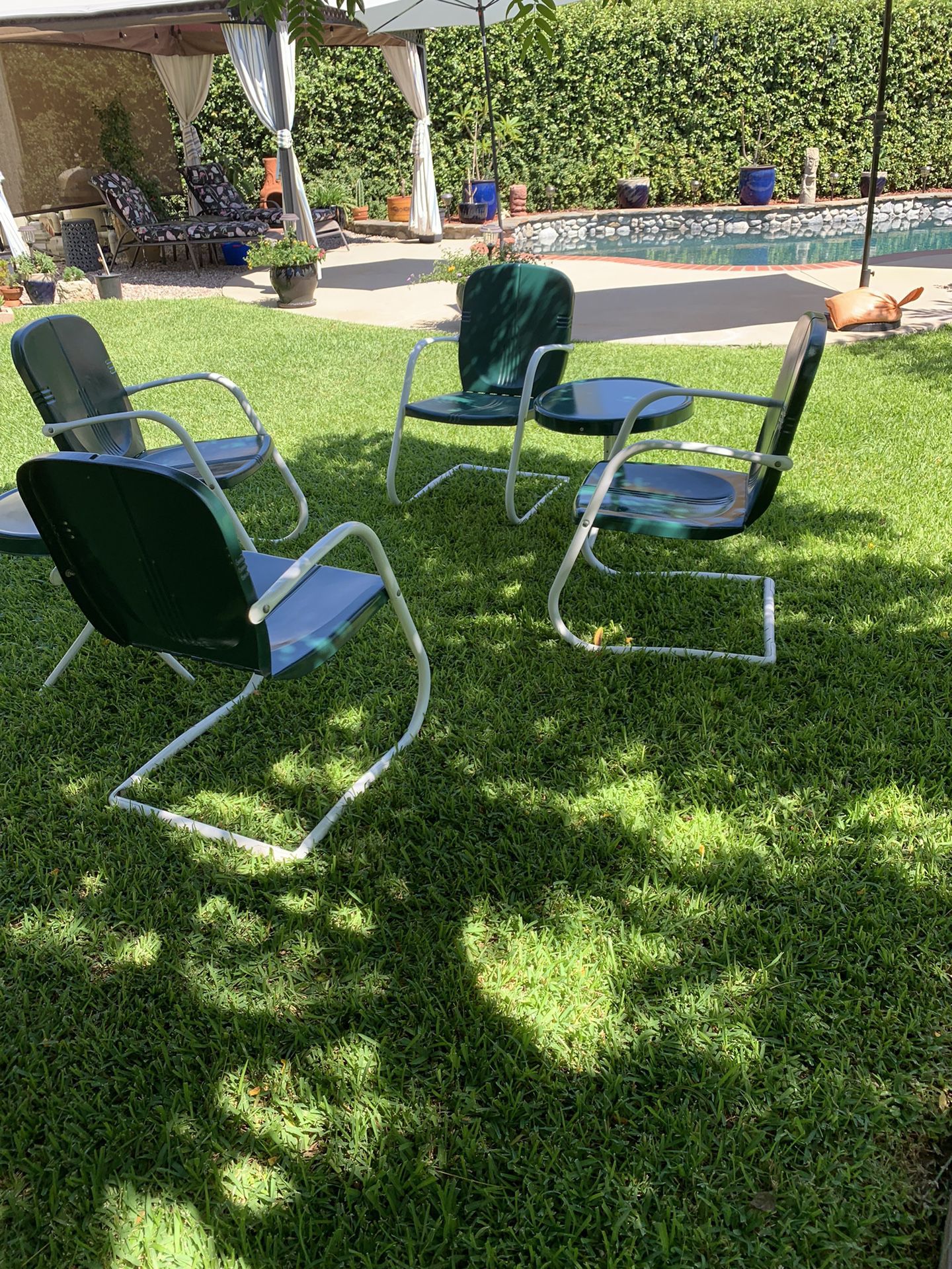 Vintage Art Deco Metal Lawn Chairs and two Tables
