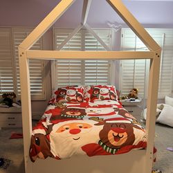 Full Size Montessori House Bed Frame w/ Storage Drawers – White Wood