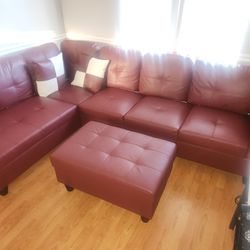 Red Leather Sectional And Ottoman With Storage 