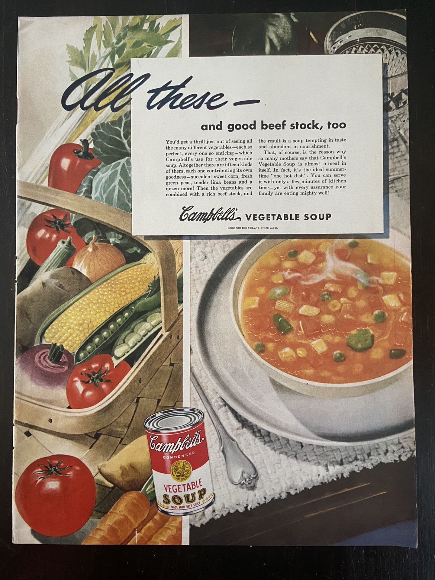 1945 Campbell's Soup Beef Stock Vegetable Soup Tomatoes Corn Lettuce WWII