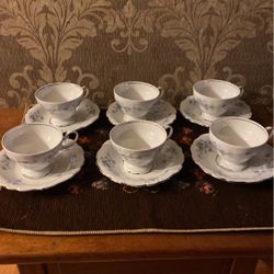 Vintage Blue  Flowered Tea Cups & Saucers    