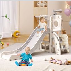 6 in 1 Toddler Playset with Slide,Toddler Slide,Slide for Kids with Basketball Hoop,Ball,Ring Toss,Kids Slide Toddler Playground Toddler Slide Indoor 