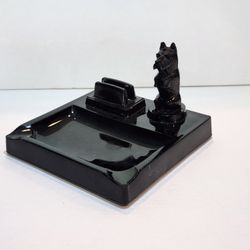 Figural Scottie Dog Ashtray With Match Holder Depression 1930s Black Amethyst