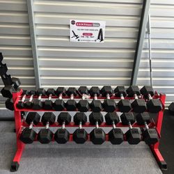 Top quality ⭐️ New pair of 5,10,15,20,25,30,35,40,45,50 rubber dumbbells + rack. All new in box $730