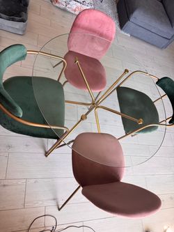 Round Glass Dining Table with 4 Velvet Chairs