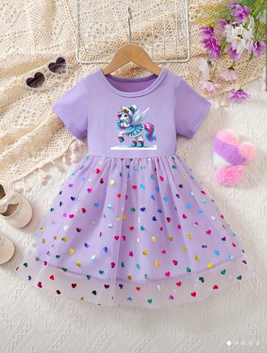 Lavender Short Sleeve Princess Ballet Dress with Rainbow Unicorn Print