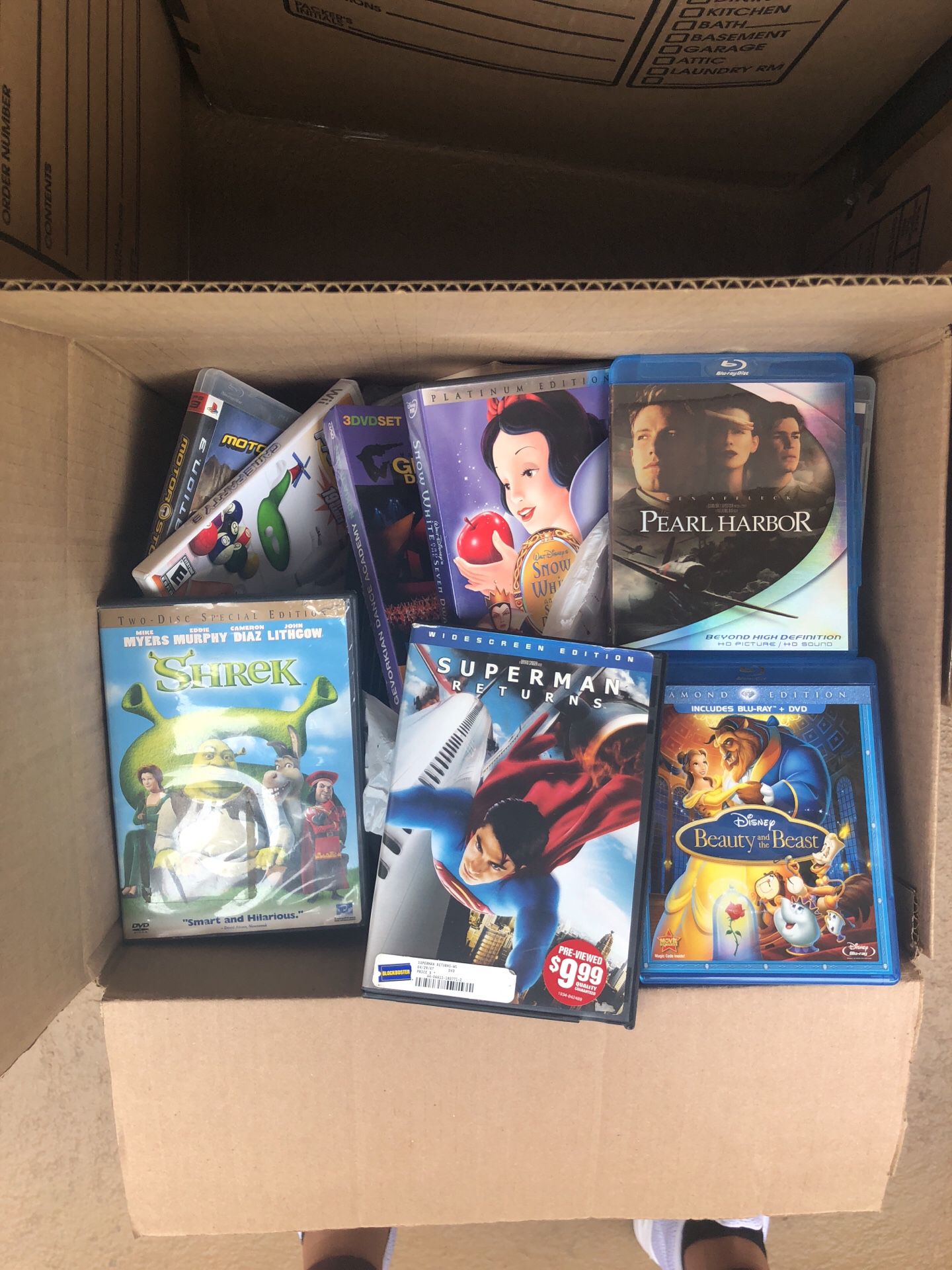 Entire box full of DVDS, Wii games, and PS3 games