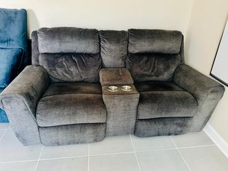 Gray Fabric Reclining Loveseat with Console