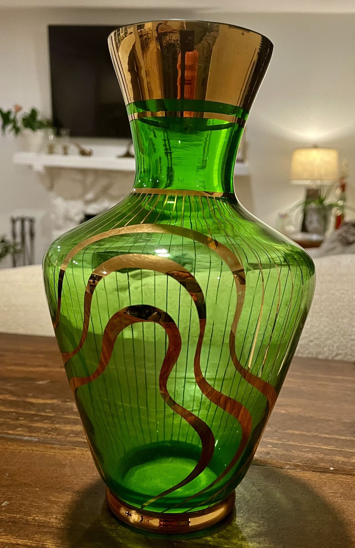 Vintage MCM Borske Skio Emerald Green Vase with 24k Gold Gilted Trim. 1940-70’s.