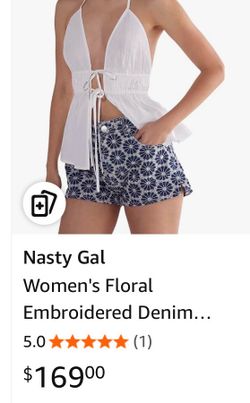Nasty Gal Women's Floral Embroidered Denim Short