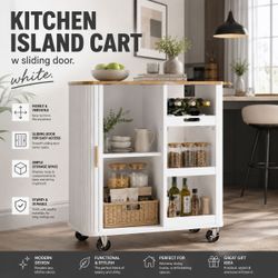 Kitchen island cart. sliding door.  white
