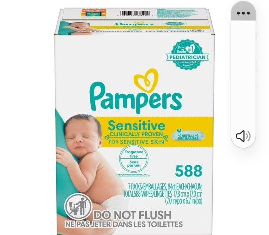 4.8)4.8 stars out of 15974 reviews15,974
Pampers Baby Wipes Sensitive Perfume Free 7X Refill Packs 588/Carton (75461) 754619/75461