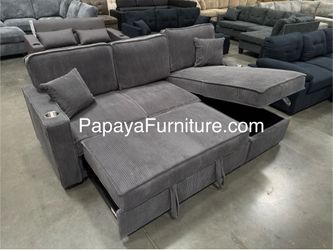 NEW Sectional Sofa with Reversible STORAGE Chaise and Pullout Sleeper Bed Left or Right Chaise Small Living Room Space Saving Dark Gray Couch Set SALE