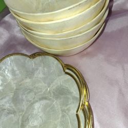 Gold Rimmed Pearl Bowl And Plates 