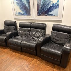 4 Person Electric Black Leather Theater Seats