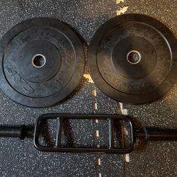 Pair of 10 Lb Bumper Plates + Tricep Bar 