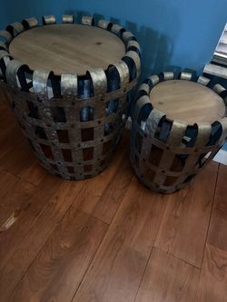 Industrial Metal and Wood Barrel Side Tables Set of 2