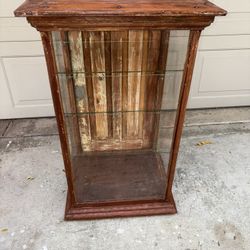 1900s  antique solid oak tall narrow curio display case cabinet w/ 3 glass shelves great for collectors storing smalls opens from the back custom-made