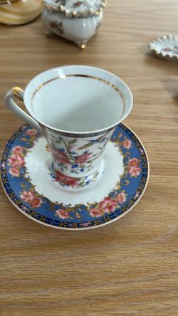 Vintage Nantucket Tea Cup and Saucer, Gift Boxed Set, Floral Hummingbirds, Pink Flowers, Blue, Gold