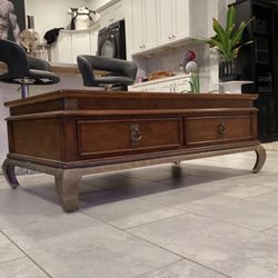 Solid Wood Coffee Table with Glass Top & Storage Drawers
