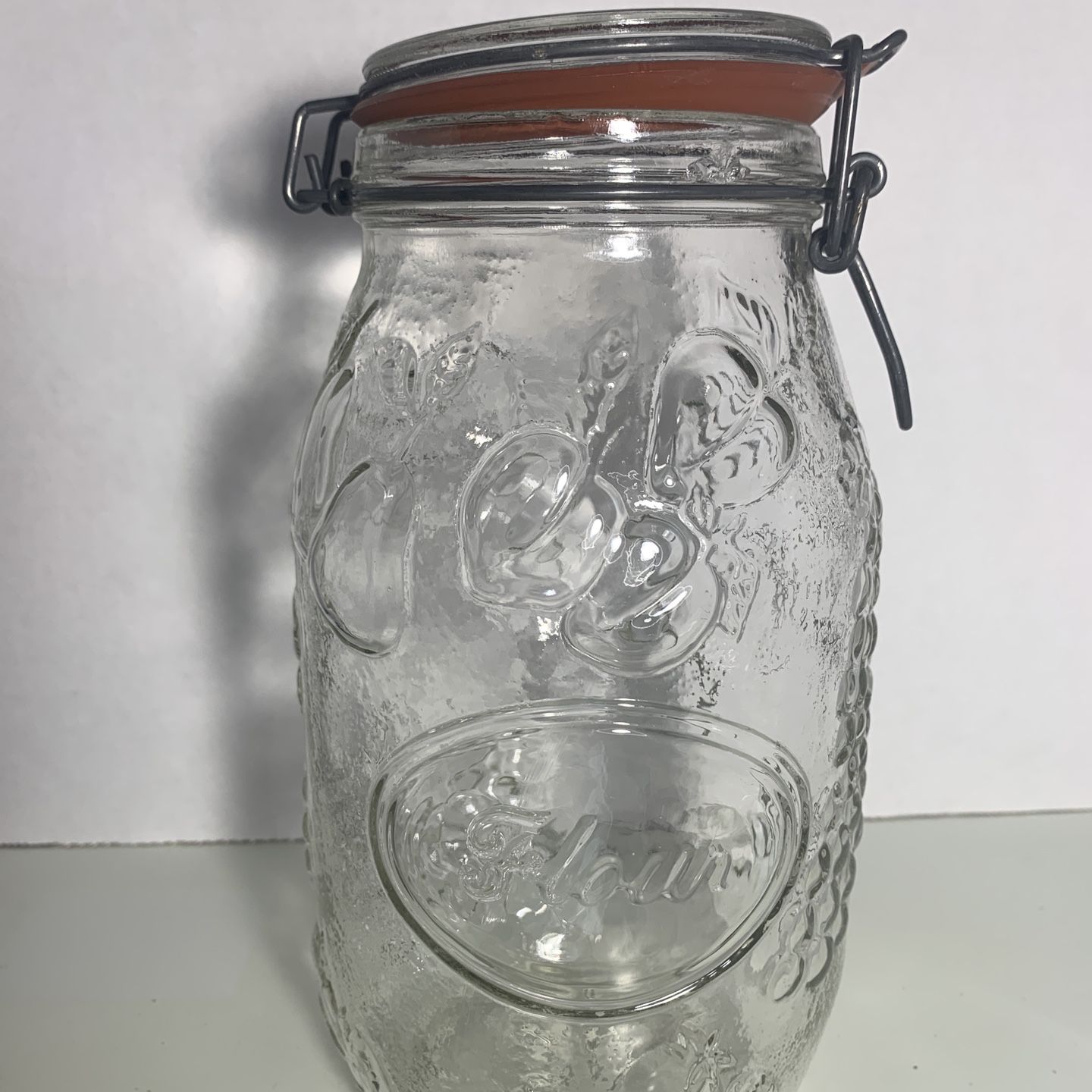 Vintage Wheaton Glass Jar Canisters Glass Top Wire Bale Embossed Fruit