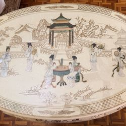 Vintage Chinoiserie Coffee Table – Hand-Carved Mother of Pearl & Soapstone