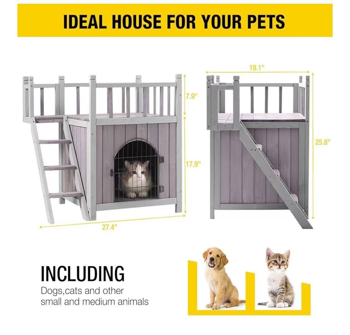 ✌️ Aivituvin-AIR08-B Outdoor Dog/Cat House, Indoor Cat House with Lockable Wire Door, Balcony＆Stairs 