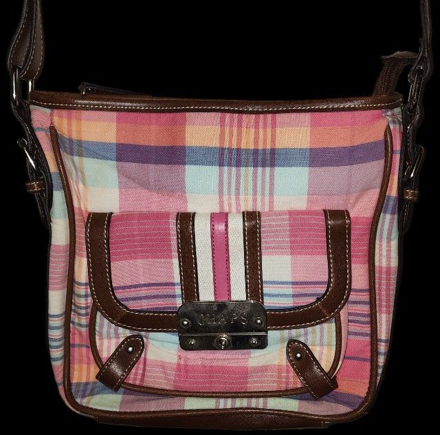 Chaps Bright Bay Pink Plaid Handbag With Canvas Exterior 