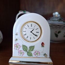 Wedgwood bone china mantle clock adorned with wild strawberry vines