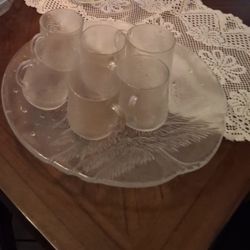 Glass Serving Tray With 6 Glass Mugs