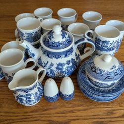Vintage Blue Willow China Churchill England Teapot Dishes Mugs Creamer Serving Set