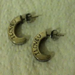 Half Hoop Silver Tone I LOVE YOU Pierced Earrings Clear Rhinestones. 