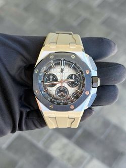 Audemars Piguet Royal Oak Offshore 26420SO "Taupe" Light Brown Mega Tapisserie Dial Black Ceramic Bezel 43mm Box Extra Black Bracelet
