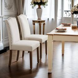 Modern Dining Chair Set of 2, Stylish Kitchen Chair with Wood Legs, Dining Room Chair with Upholstered Fabric and Nailhead Trim for Elegant Home Decor