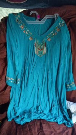 Teal Embroidered Boho Dress
