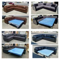 NEW 7X9FT  SECTIONAL WITH SLEEPER COUCHES,BLACK LEATHER,  BROWN LEATHER ,CHARCOAL MICROFIBER COMBO,  GRANITE FABRIC 