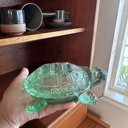 Large Vintage Green Glass Turtle Trinket Box, Dish,Lidded Turtle Tortoise Pressed Glass Trinket Box,