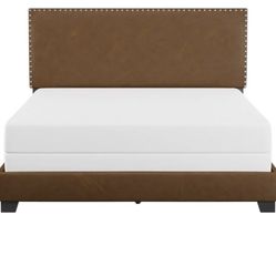 Willow Nailhead Trim Upholstered Queen Bed, Saddle Brown Faux