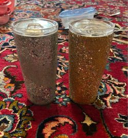 Two tumblers blue and gold glittered 16 ounce
