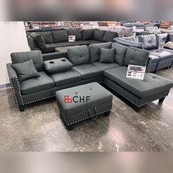 Fabric Sectional Sofa With Dropdown Armrest ,Cupholder, And Storage Ottoman  // October Special  